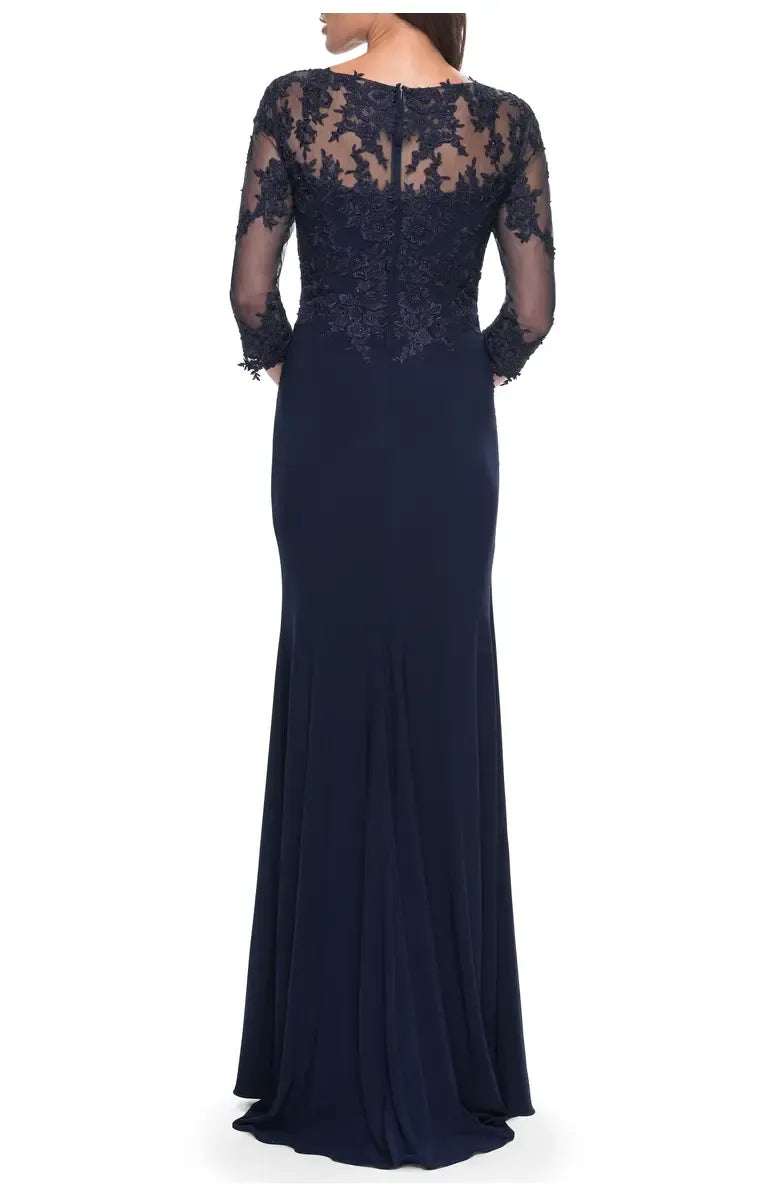 Trendy Fitted V-neck Illusion Sleeves Zipper Up Floor-Length Mother of the Bride Dress